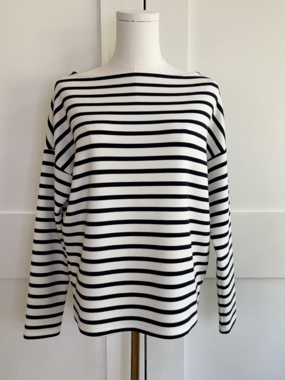 SPANX Black White Striped Boatneck Boxy Long Sleeve Knit Top XS